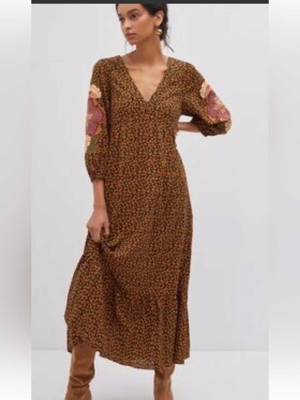 FARM Rio x Anthropologie Brown Floral Maxi Dress with Embroidered Sleeve Panels